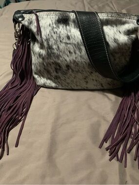 Holy Cow Couture mini designer, fringed in Black, White & Purple